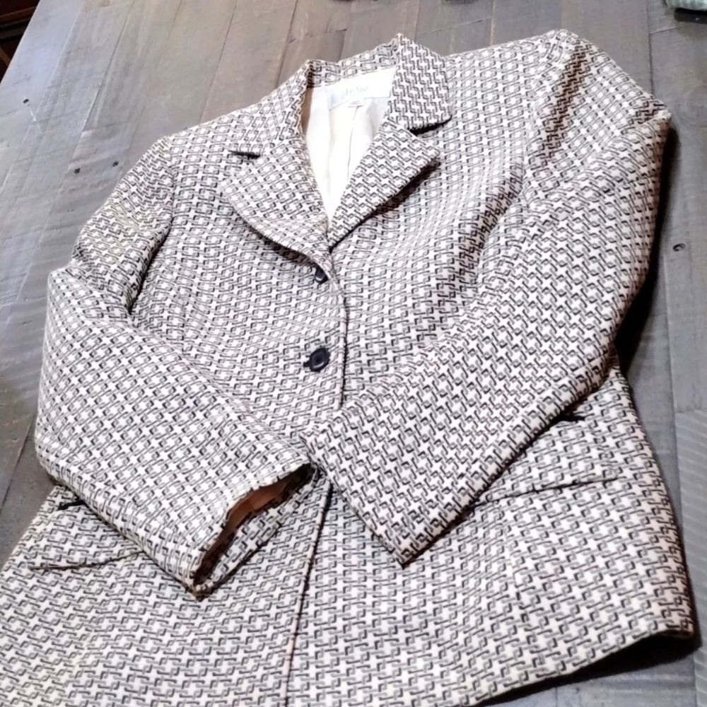 Le Suit Petite Ladies Grey/Black/ Ivory Waist Suit Jacket SZ 12p - Picture 2 of 11